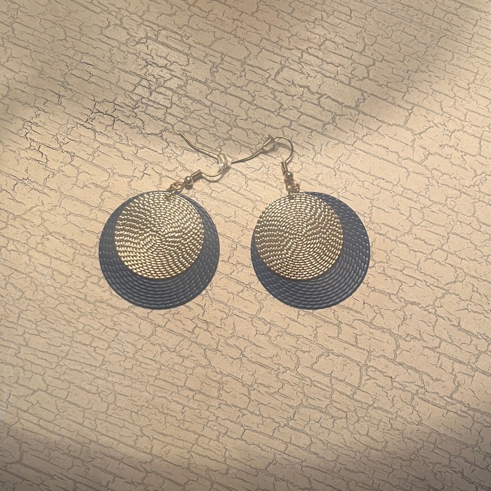 Gold and Navy Double Disc Drop Earrings